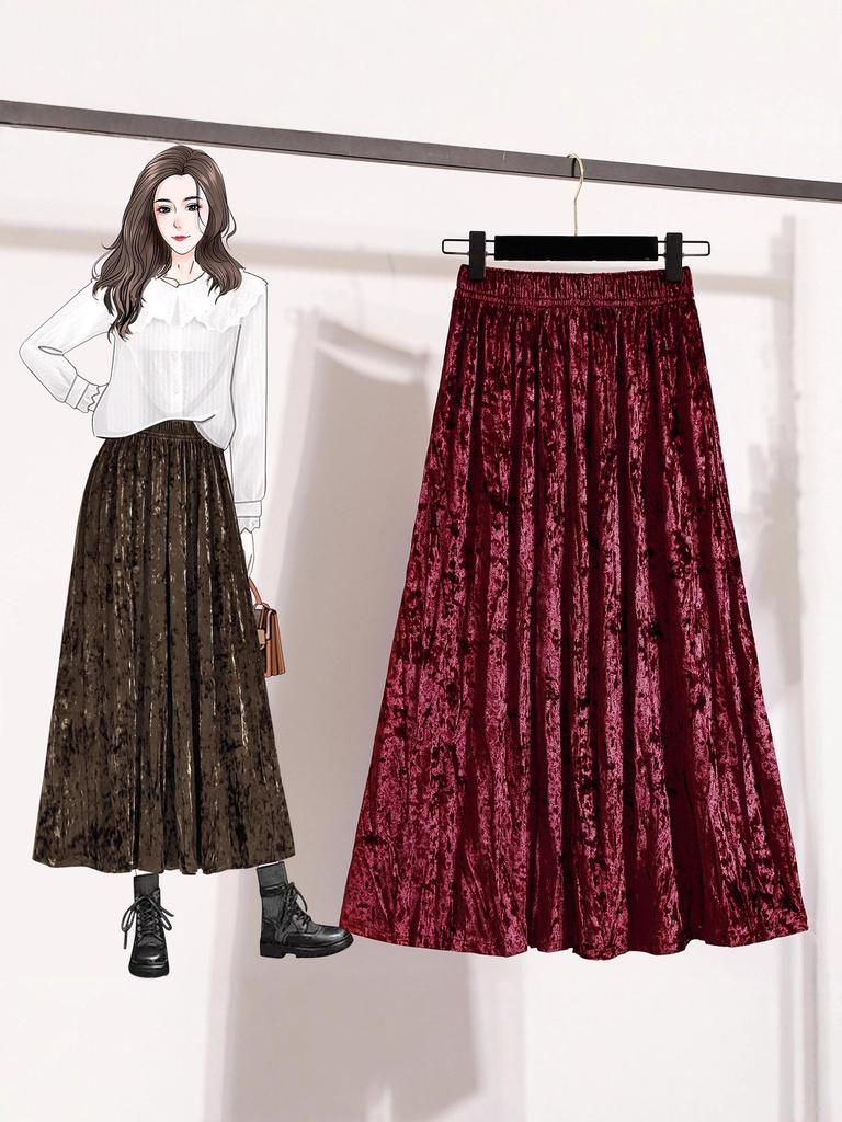 Pleated Velvet A-Line Skirt: Women's Versatile Mid-Length High-Waisted Slimming Style for Autumn and Winter