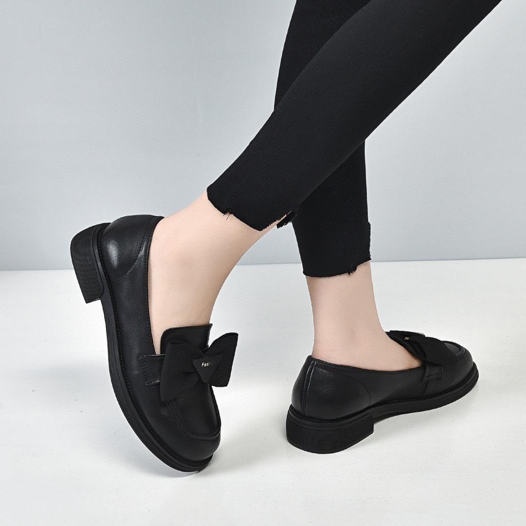 Round head spring new bow flat-soled small leather shoes one pedal first-layer cowhide single shoes