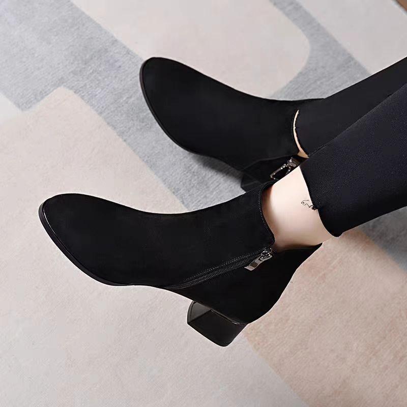 Retro thick heel velvet warm Martin boots autumn and winter new British style fashion versatile high heel short boots
