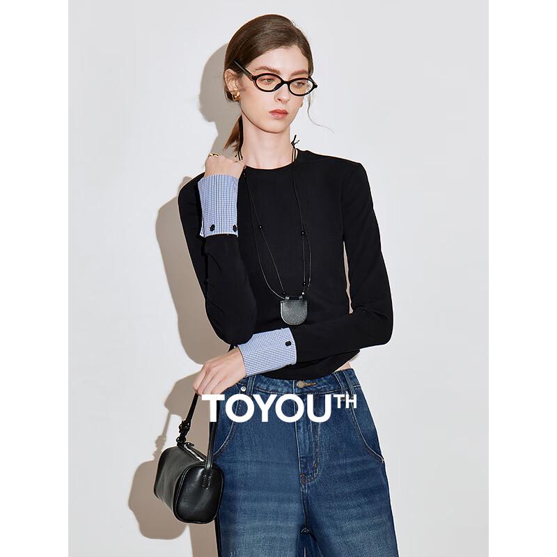 Chuyu Women s Slim-Fit Patchwork Plaid Faux Two-Piece Long Sleeve T-Shirt M