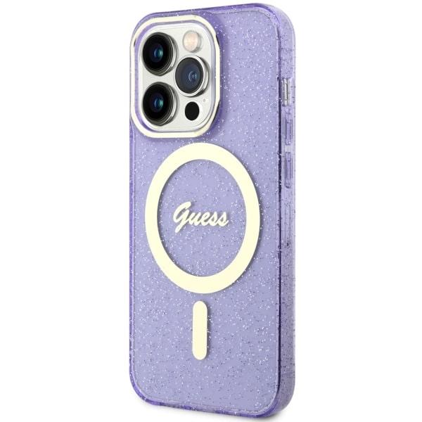 Etui do iPhone 14 Pro Guess Glitter Gold MagSafe Purpurowe