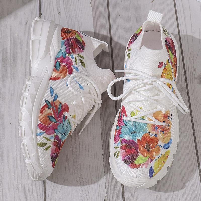 Fashion Floral Print Women's Knitted Sneakers Summer 2025 New Breathable Air Mesh Casual Shoes Woman Light Weight Walking Sports Flats