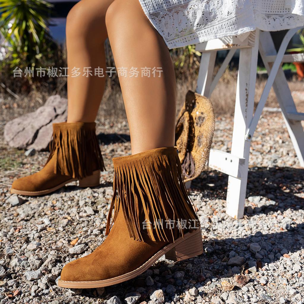 2025 direct sales European and American large-size foreign trade round head fringed fashion short boots women's autumn and winter fashion boots