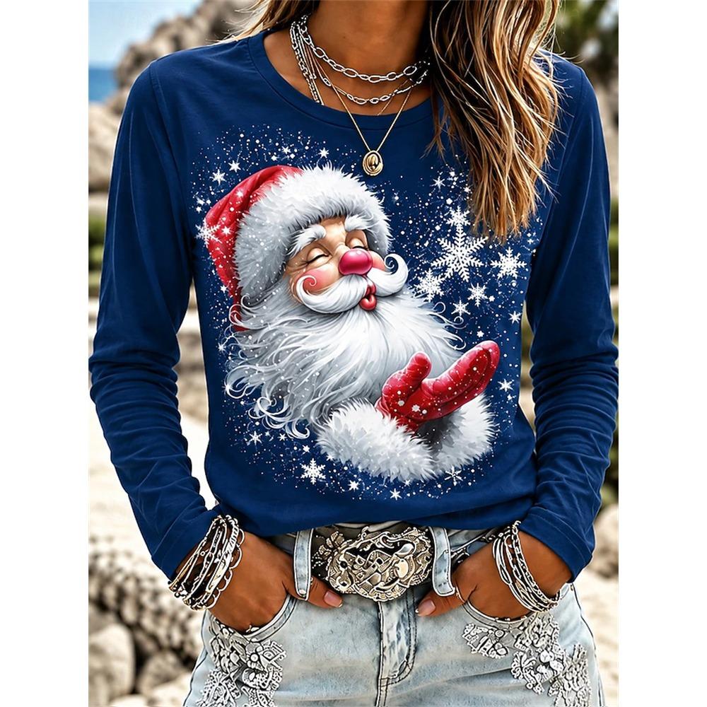 Women’s Christmas Long-Sleeve Pullover Santa Claus Snowflake Print Crew t