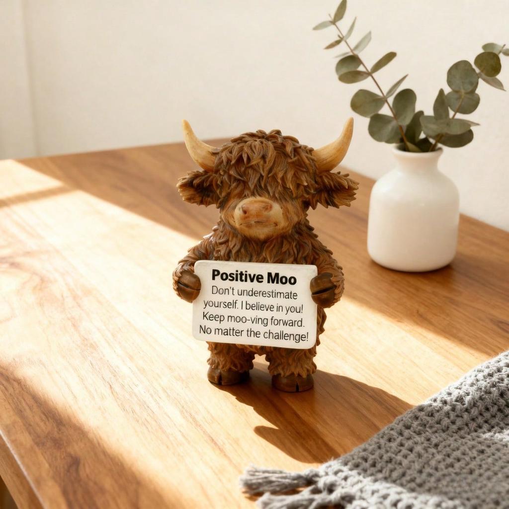 Urocza Statuetka Krowy Szkockiej Rasy Highland, Żywiczna Dekoracja Biurkowa w Stylu Zagrodowym, Prezent Motywacyjny na Biurko, do Domu, na Półkę, Blat