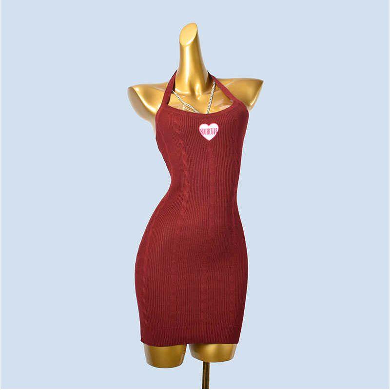 

Sexy Sexy Halter Lace-up Chain Sling Bodycon Dress Stylish Heart Embroidery Short Silm Dress Burgundy One size