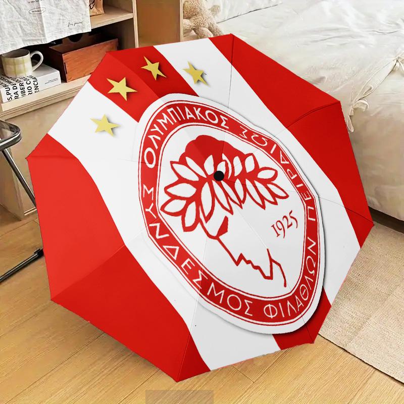 Olympiacos Fc Team Crest Automatic Folding Umbrella - 8-Rib Travel Umbrella with Auto Open/Close & Portable Gifts for holidays or birthdays