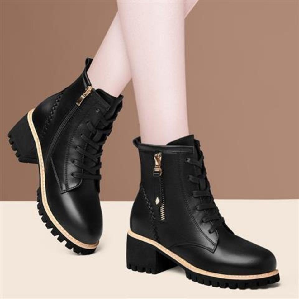 Fashion Black Elegant with Medium Heels Biker Booties Leather Platform Women's Ankle Boots Autumn Winter Fleece-Lined Female Short Shoes
