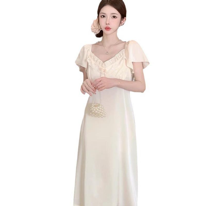 1011 Summer New Sweet Ice Silk Nightdress Women's Sexy Pajamas with Chest Pads Thin Long Court Style Loungewear