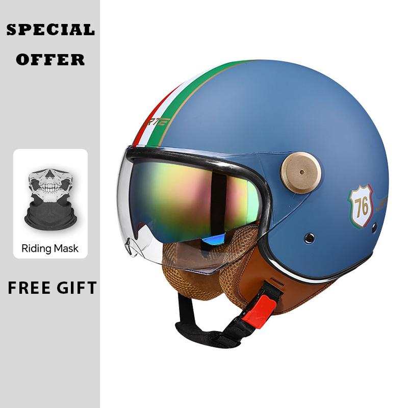 Men's Motorcycle Helmets Daul Lens Vintage Retro 3/4 Open Face Helmet Moto Equipment Four Seasons Double Visor Jet Helmet