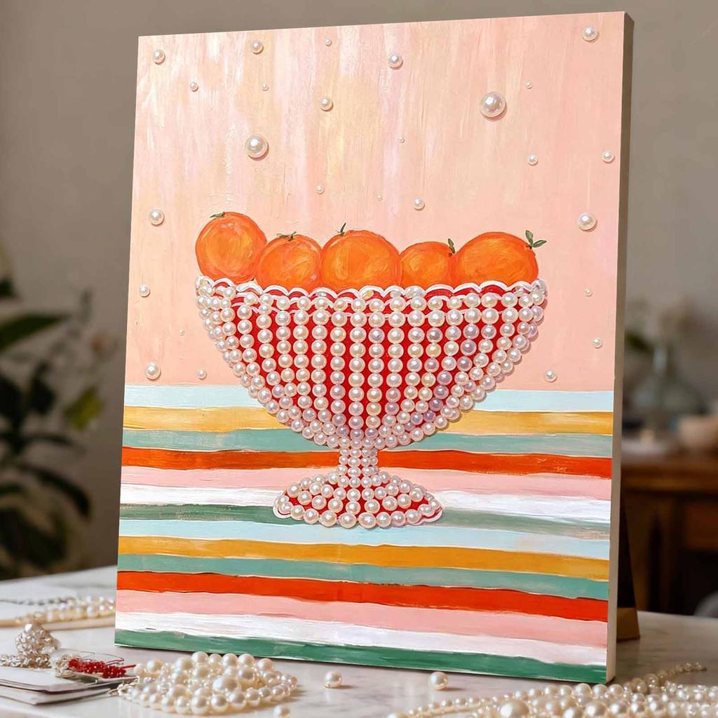 Easy DIY Framed Pearl Bead Painting Kit with Orange Fruit in Bowl Pattern 3D Sparkling Canvas Art for Home Decoration Gift Idea