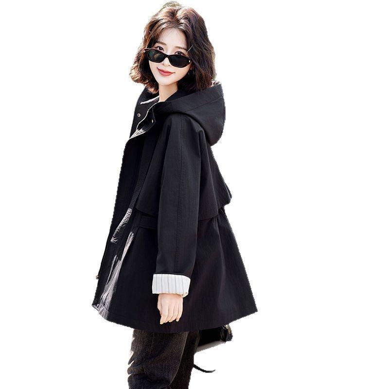 Spring new medium and long trench coat women's contrasting colors popular small hooded coat