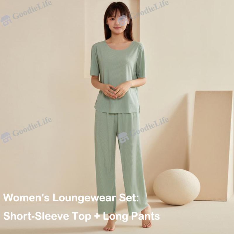 Couple Ice Silk Pajamas Set Summer Women Round Neck Short Sleeve Long Pants Men Shorts Seamless Homewear