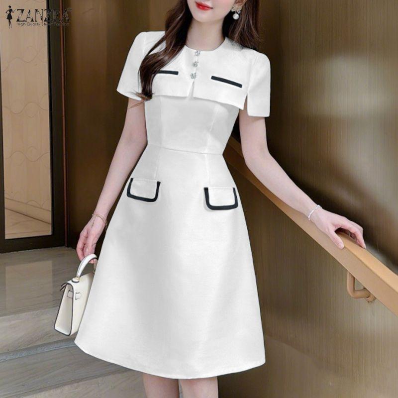 ZANZEA Women Casual Round Neck Short Sleeve Elegant A-line Dress