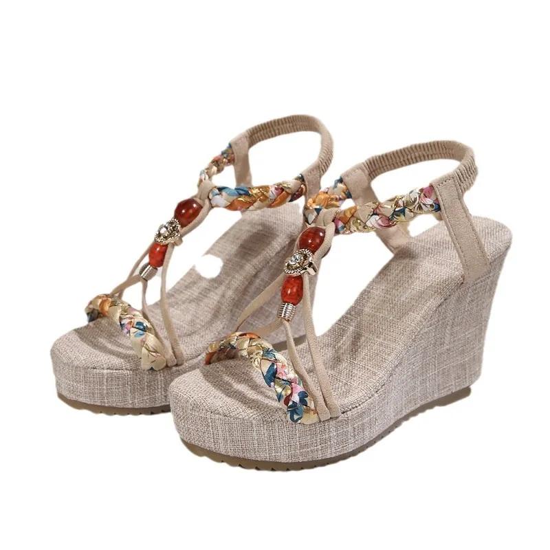 New European and American Style Fashionable Round Toe Open Toe One-line Set with Women's Large-size Fashionable Wedge Sandals