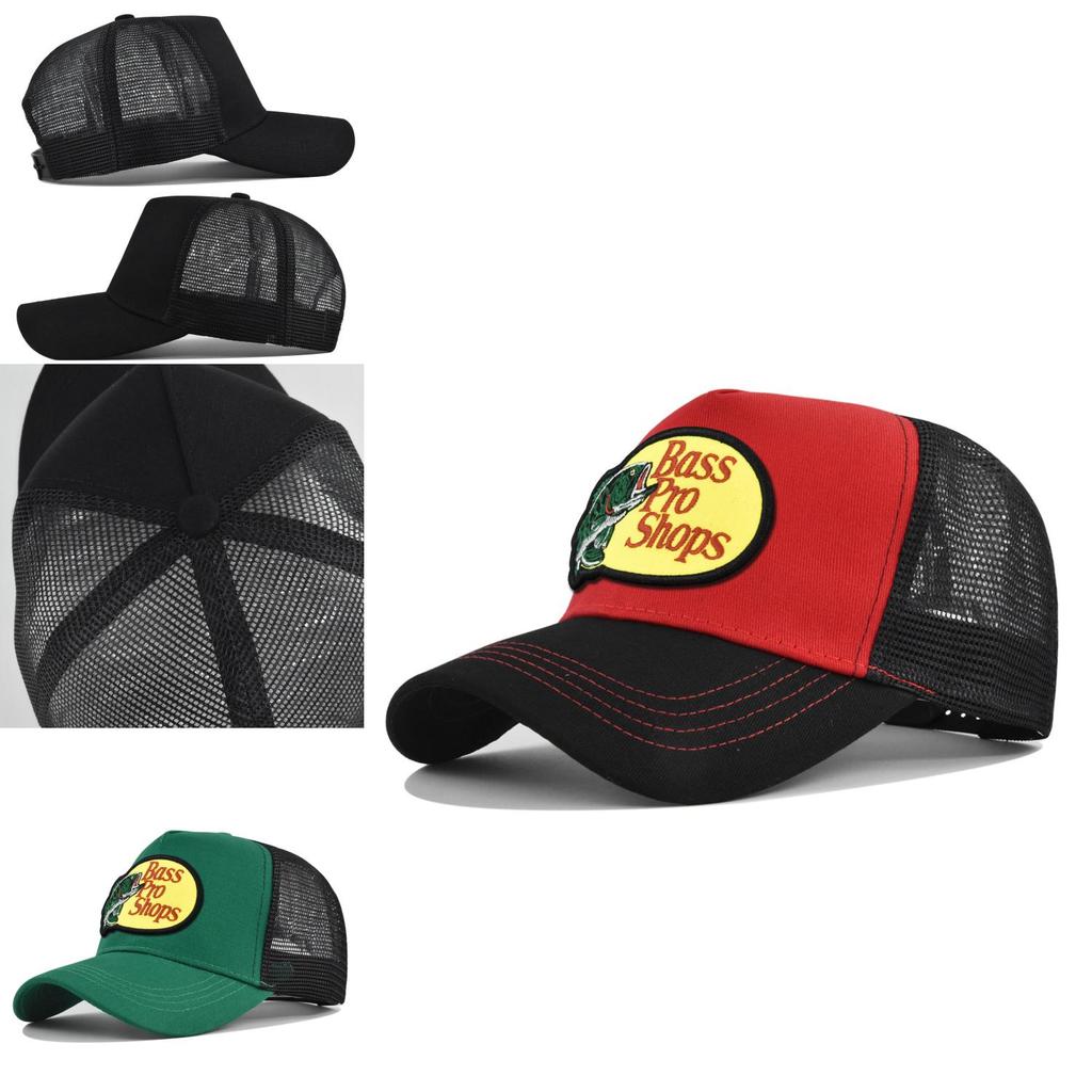 Bass Embroidered Duck Tongue Cap Fishing Embroidered Mesh Baseball Cap Embroidered Curved Brim Cap Summer Sunshade Mesh Cap