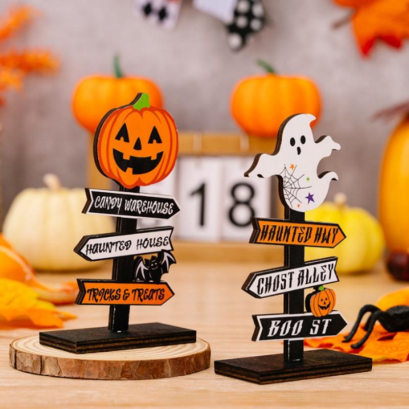 1pcHalloween Wooden Ornaments Pumpkin Ghost Bat Party Tabletop Dining Table Ornaments Holiday Gifts
