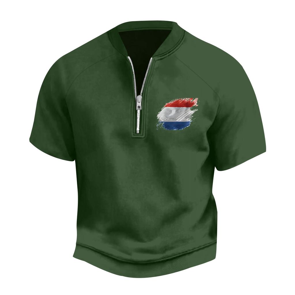 Pánské letní vintage tričko na poloviční zip s potiskem vlajky Dne nezávislosti a krátkým rukávem