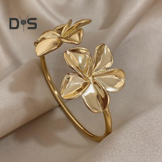 Flower Cuff Bracelets for Women Double Flower Open Bangle Bracelet Adjustable Metal Bracelets Wedding Party Jewelry