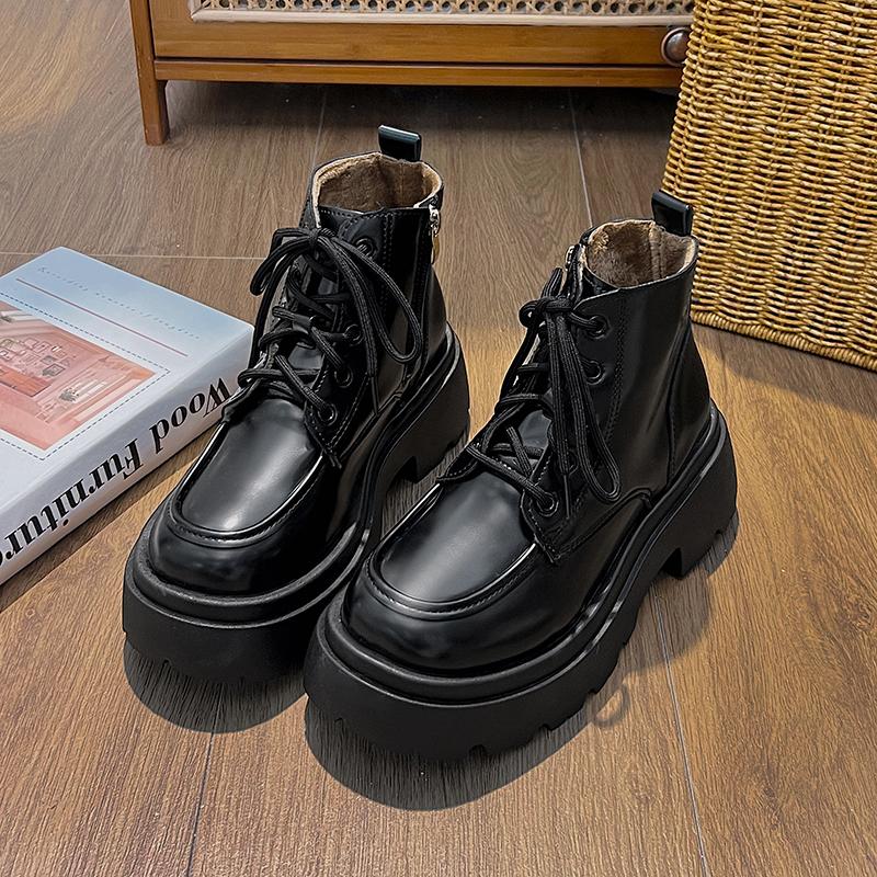 Mode Plateau Dicke Sohle Warmes Kurzes Plüsch Damen Motorradstiefel Mode Schnürschuhe Herbst Winter Weibliche Kurze Stiefeletten