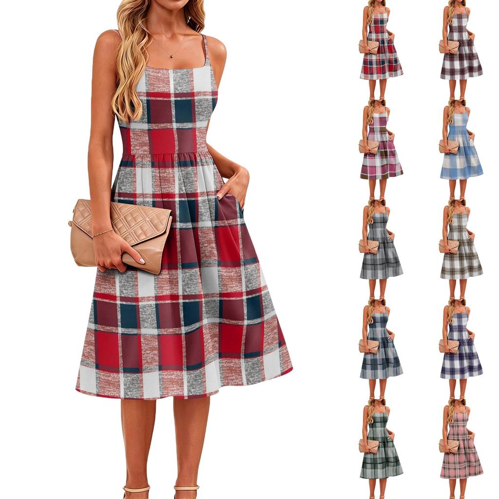Women's Sleeveless Adjustable Strap Dress with Pockets Casual Plaid Pattern Midi Dress for Everyday Wear