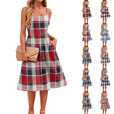 Women's Sleeveless Adjustable Strap Dress with Pockets Casual Plaid Pattern Midi Dress for Everyday Wear