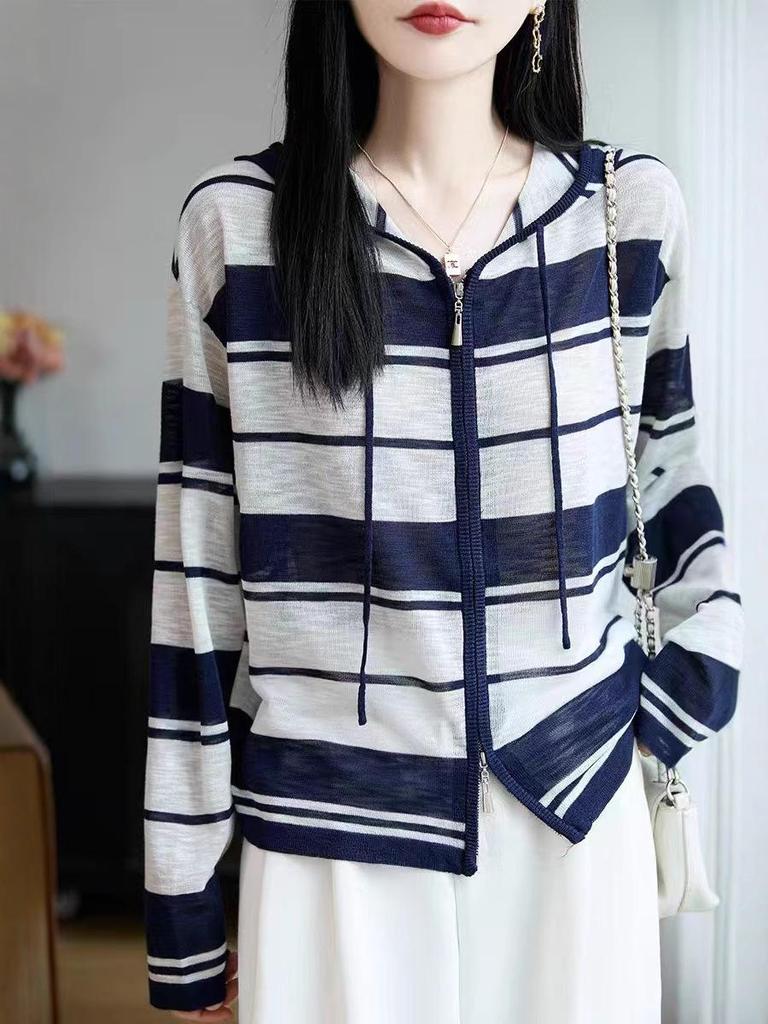 Women's Autumn Korean Striped Bamboo Linen Hooded Cardigan - Loose, Slimming Design
