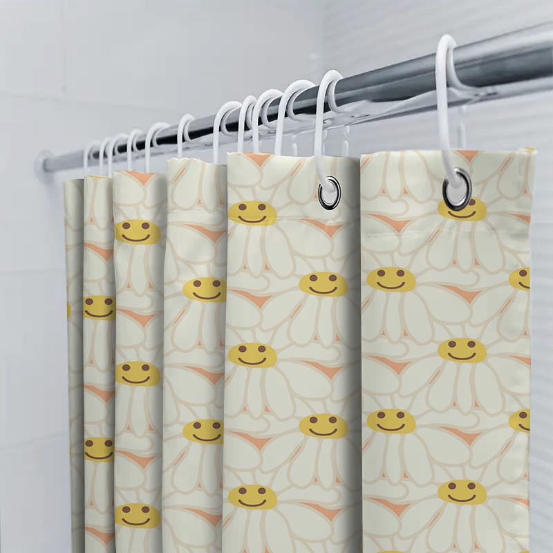 Vintage Style Floral Smiley Face Shower Curtain Waterproof Decoration For Bathroom Accessories White Yellow Flowers Pattern