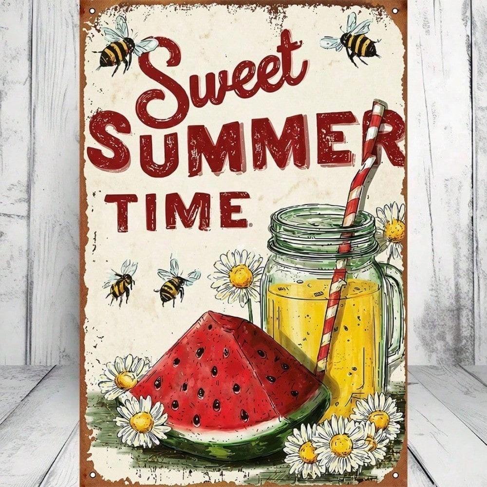 1PC Vintage Metal Tin Sign, Sweet Summer Time Retro Watermelon Lemonade Plaque, Sturdy Farmhouse Wall Art, 8x12 Inch