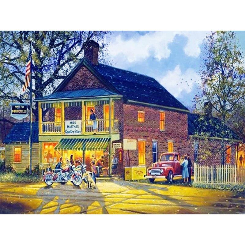 Noua pictură cu diamant 5D bricolaj, peisaj, broderie cu diamant, sat, punct de cruce, burghiu rotund complet, decorarea casei, cadou de artă manuală