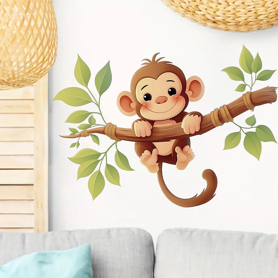 Cute Cartoon Little Monkey On Branch Wall Stickers, Self-Adhesive Decor for Kids Room Bedroom Background Wall Decoration