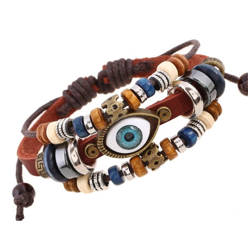 European & American Beaded Eye Cowhide Bracelet - Adjustable Genuine Leather Jewelry for Men & Women.
