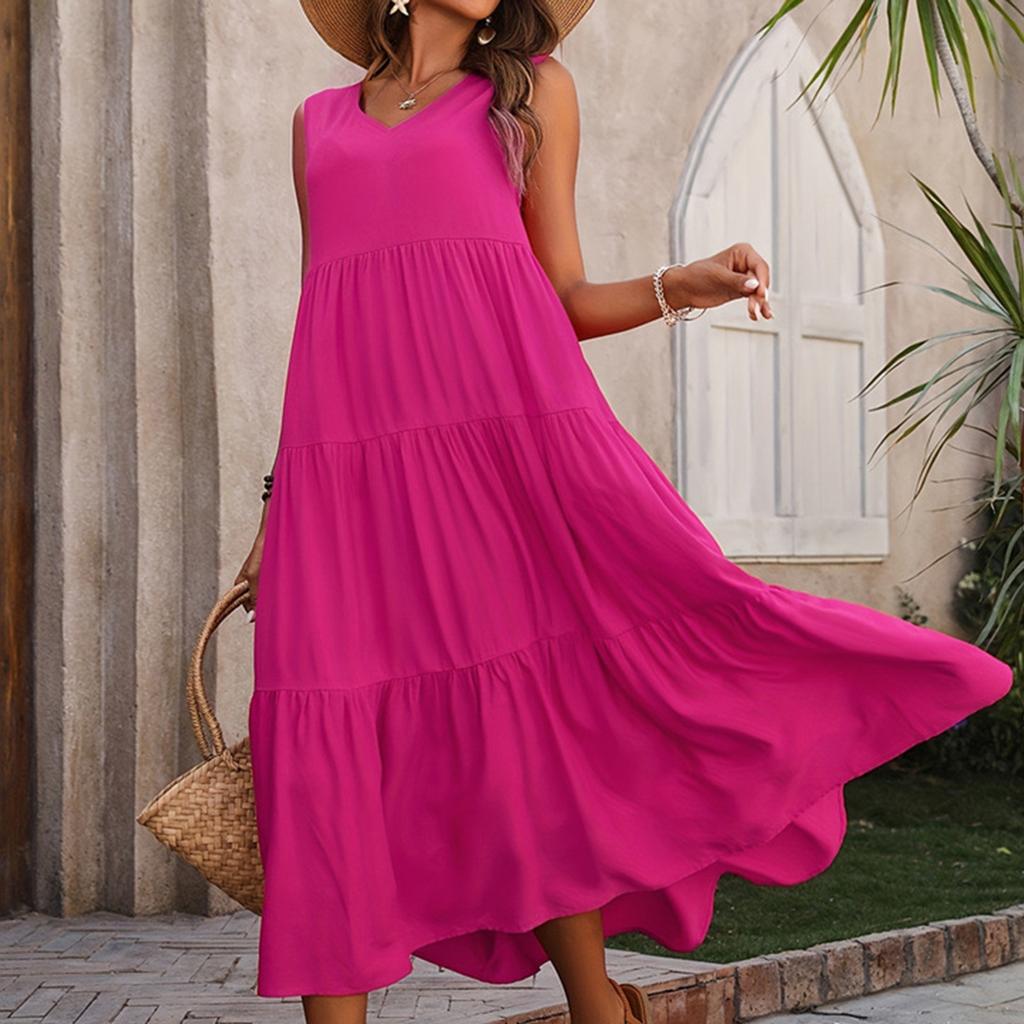 Women's Summer Casual Sleeveless Swing Sundress Boho Flowy Ruffle Tiered Maxi Dress