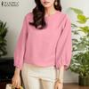 ZANZEA Women Casual Round Neck 3/4 Sleeve Loose Plain Blouse