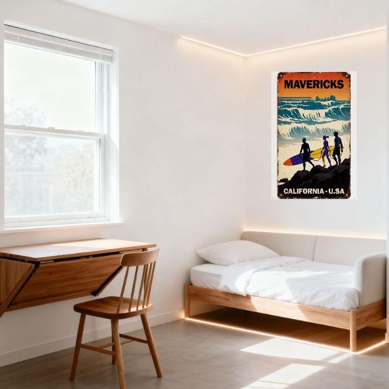 Vintage Mavericks California USA Surf Metal Tin Sign, Retro Distressed Surfing Ocean Wave Rocky Terrain Figures Plaque for Home
