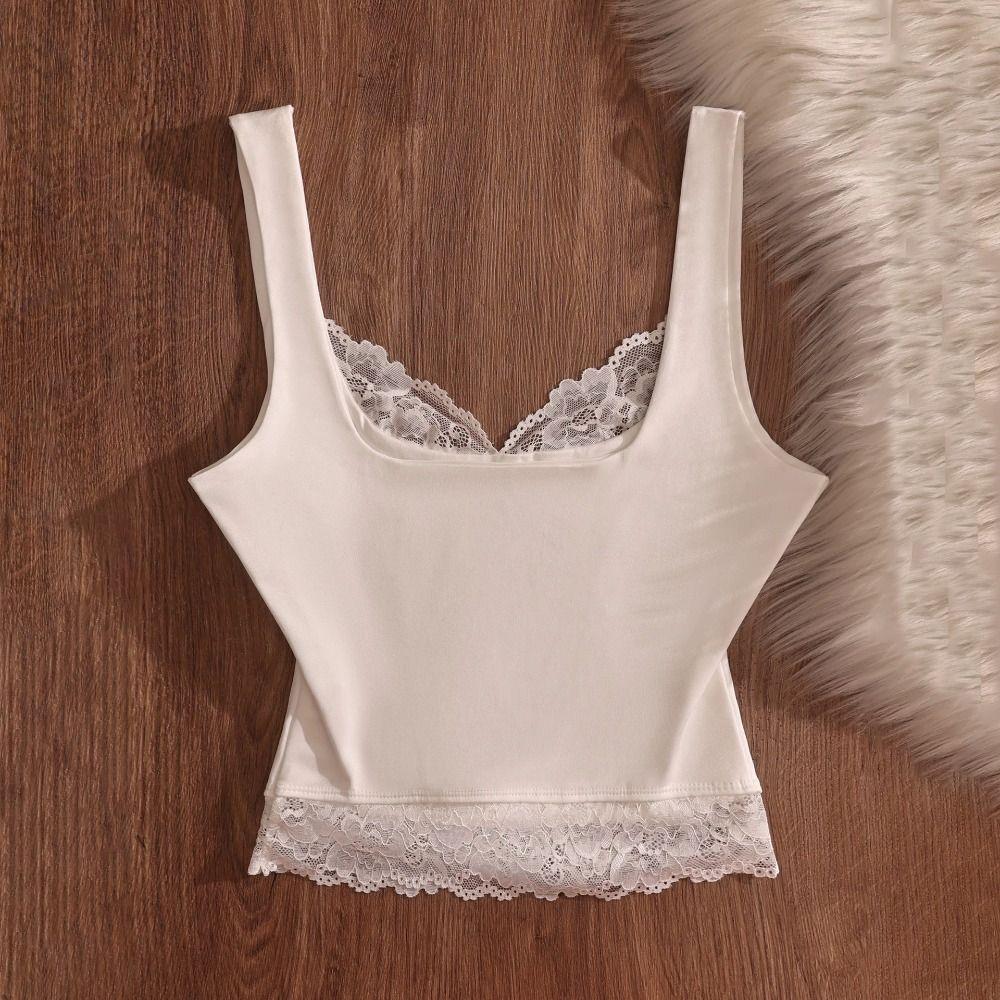 Solid Color Slim Lace Crop Top Patchwork Lace Sling Tank Ins Style Spaghetti Y2k Top Beach