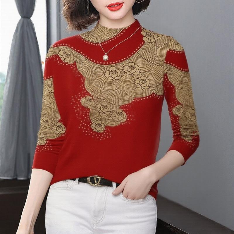 Women s Midlife Long-Sleeve Printed Velvet Base Layer, Slimming & Tummy Concealing High-Neck Top 2XL