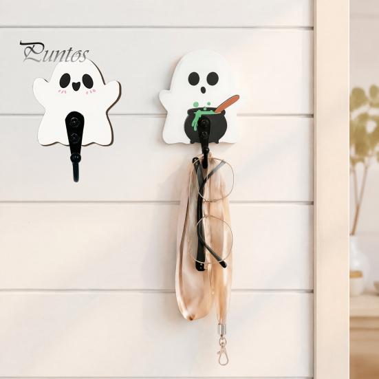 Small Bag Hanger for Bathroom Halloween Themed Wall Hook, Decorative Ghost Pattern Key Hanger, Self Easy Install Adhesive Hook Backing Wood