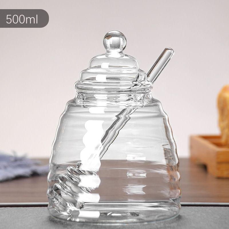 High Borosilicate Transparent Glass Honey Jar with Stirrer and Lid