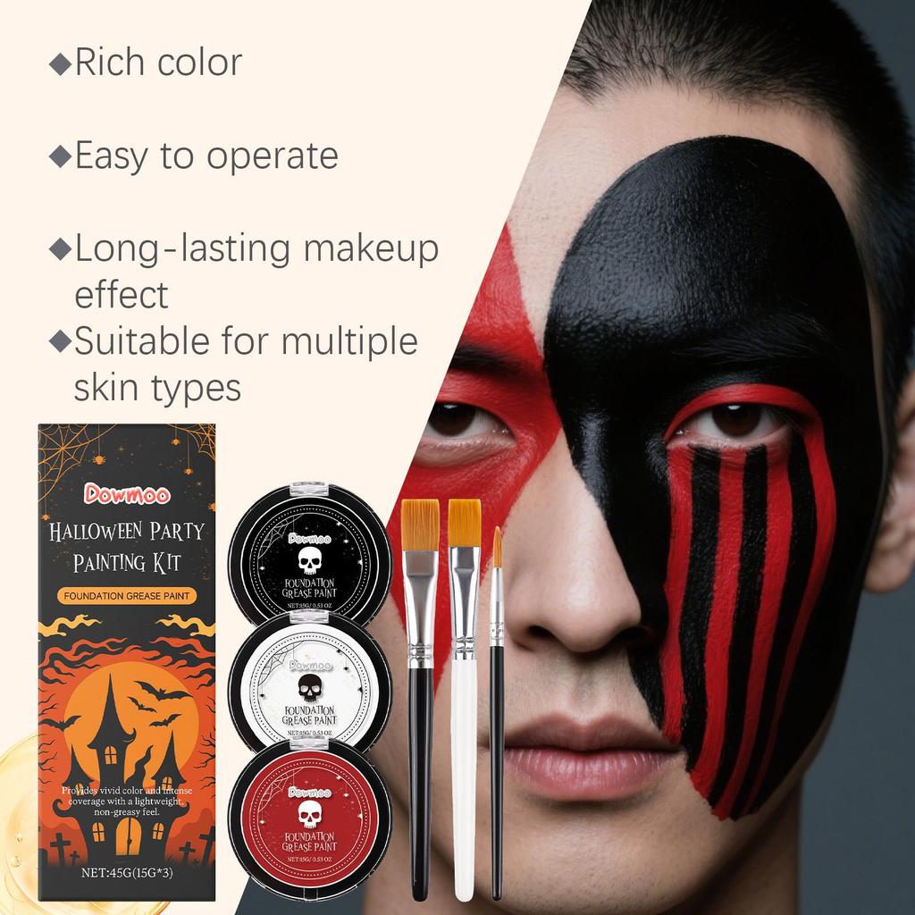 Dowmoo Halloween Face Body Paint Grease Paint Kit Black White Red Face Foundation Makeup with 3 Brushes Zombie Vampire Clown