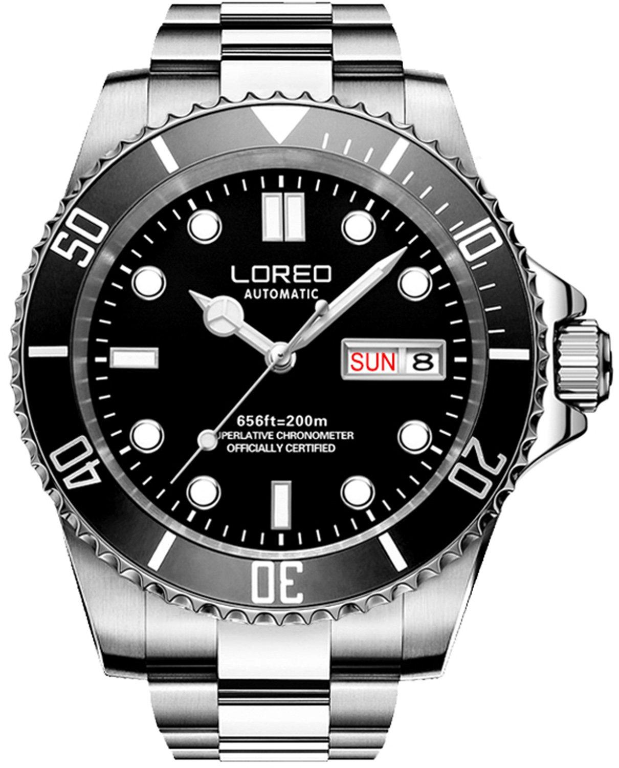 

LOREO Men s Silver Stainless Steel Sapphire Crystal Blue Rotating Bezel Automatic Date and Day Watch (Black), Black, Diving
