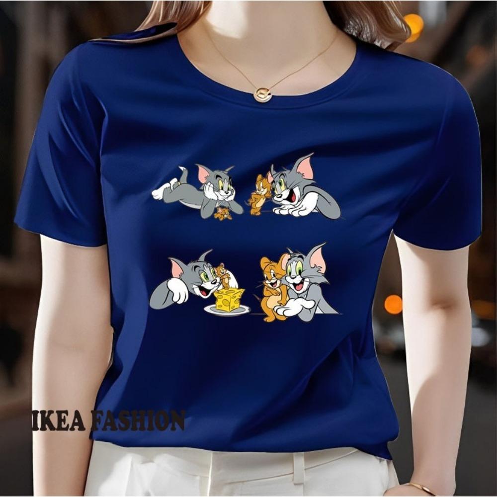 New casual women's printed short sleeved round neck slightly elastic T-shirt for spring and summer, new ins super popular