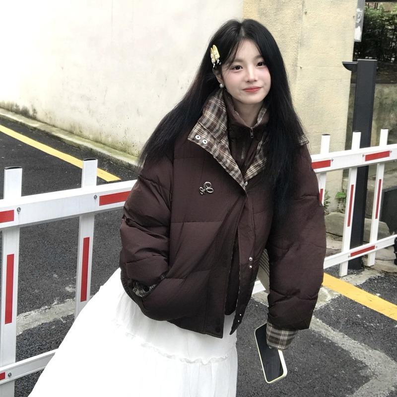 New splicing plaid fake two-piece cotton clothes women's winter small thickened warm bread clothes jacket
