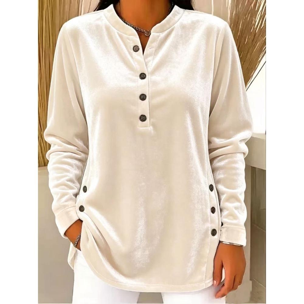 Autumn Winter New Women's Gold Velvet Top Casual Loose V-Neck Button Long Sleeve T-Shirt Velour Tee