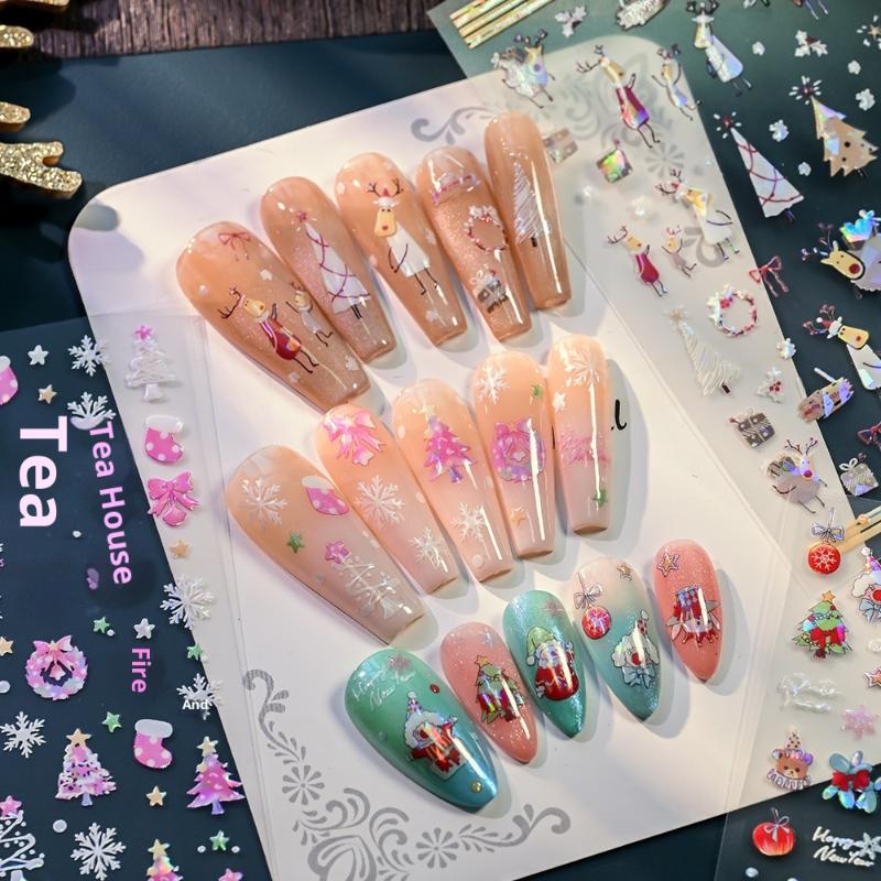 5D Laser Relief Weihnachts-Nagelsticker Schneeflocken Weihnachtsmann Elch Weihnachtsbaum Nagelaufkleber Geprägt Winter Weihnachten Maniküre Set
