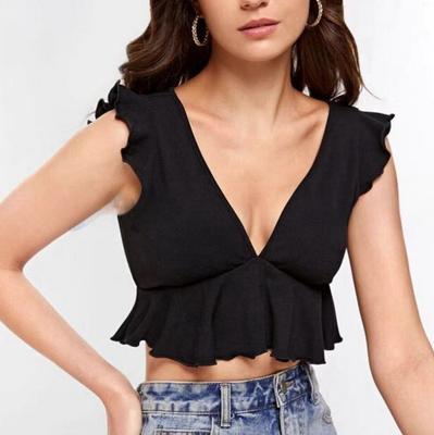 Ladies Summer Solid Colour V-Neck Ruffle Short Top