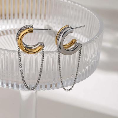 Two-tone Stainless Steel Tassel Chain Hoop Stud Earrings for Women Fashion Waterproof Gold Plated Geometric Drop Jewelry Gift