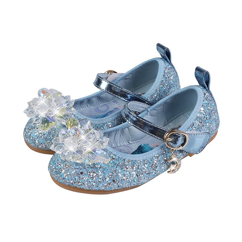 Girls' Princess Shoes Blue Elsa Crystal Shoes New Spring and Autumn Model for Young Children, Flat Single Shoes for Girls, Soft Sole Shoes
