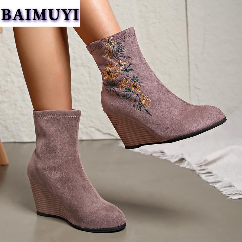 Print Wedges Women Suede Ankle Snow Boots High Heels Shoes 2025 Trend Winter New Sexy Chelsea Boots Elegant Pumps Mujer Botas