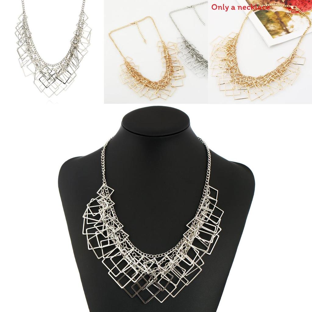 Square Multi Layer Modern Geometric Necklace With Metal Chain For Art Deco Look